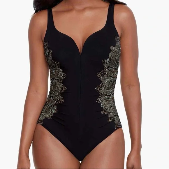 Miraclesuit Temptress One Piece Swimsuit Size 16 NWT Slimming Black Gold - Picture 1 of 8